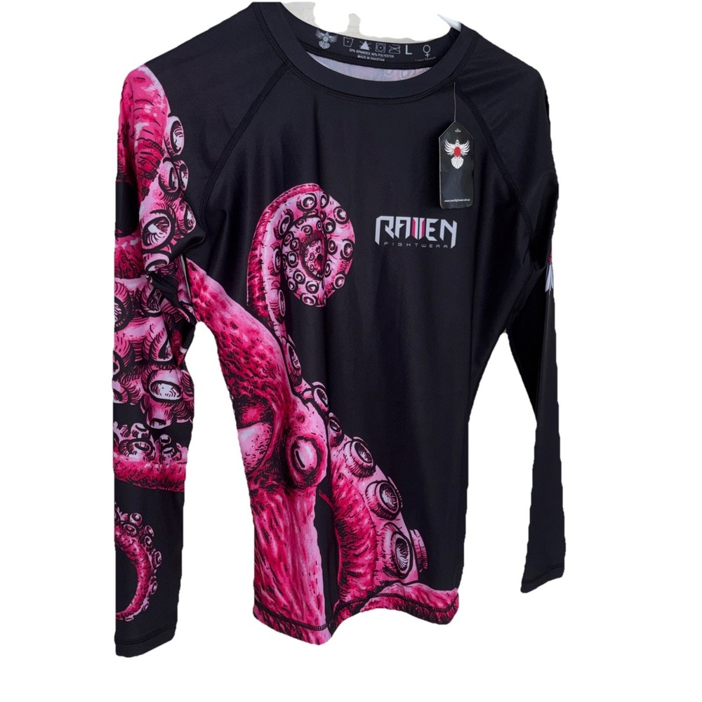 Raven Fightwear Women's L Kraken Octopus Rash Guard MMA BJJ Black/Red/Pink